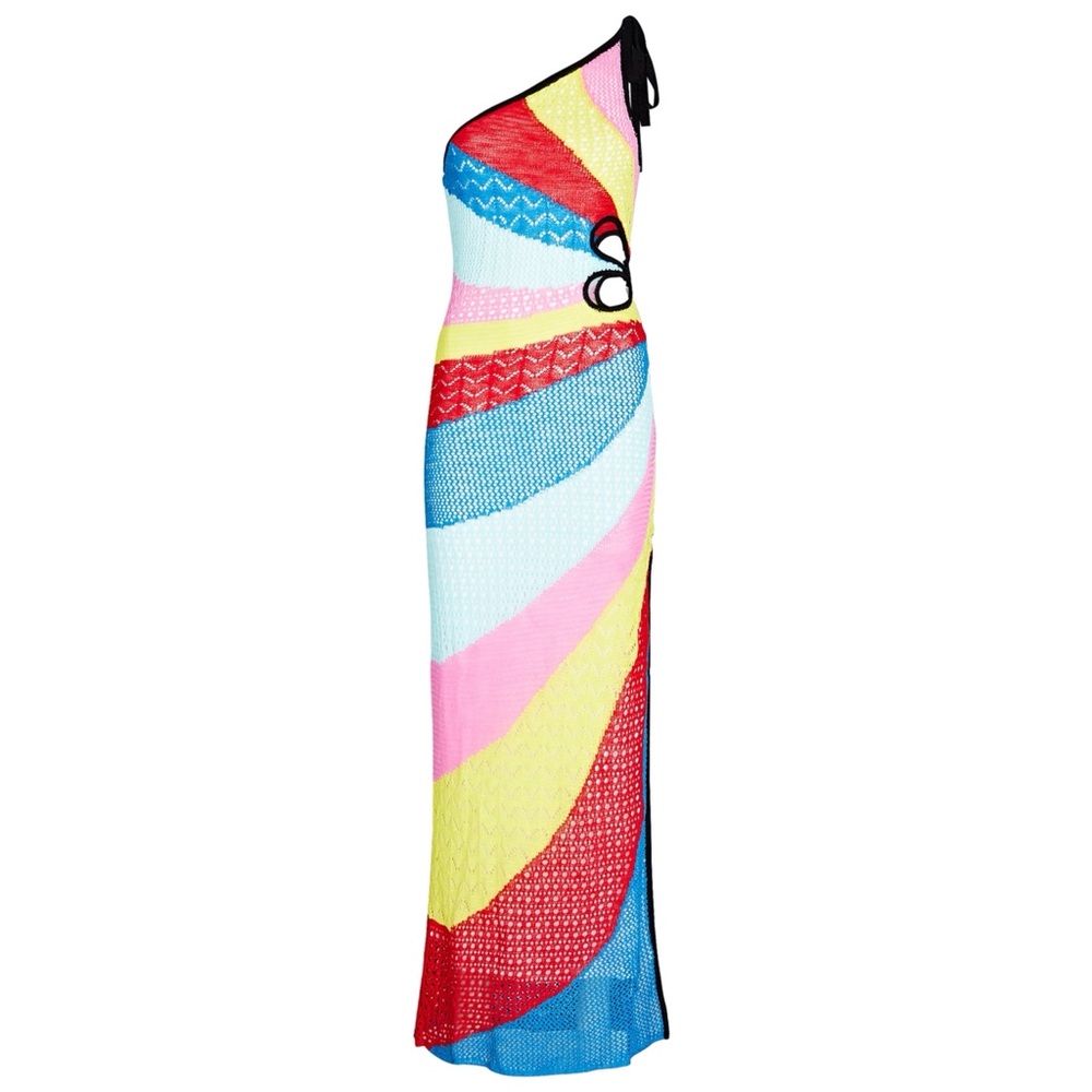 Staud Alpes One Shoulder Cutout Rainbow Crochet Knit Dress - Picture 2 of 10